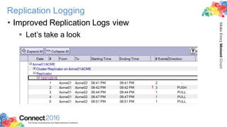 2016ConnectThe Premier Social Business and Digital Experience Conference
MakeEveryMomentCount
Replication Logging
• Improved Replication Logs view
§ Let’s take a look
 