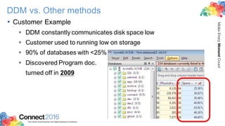 2016ConnectThe Premier Social Business and Digital Experience Conference
MakeEveryMomentCount
DDM vs. Other methods
• Customer Example
§ DDM constantly communicates disk space low
§ Customer used to running low on storage
§ 90% of databases with <25%
§ Discovered Program doc.
turned off in 2009
 