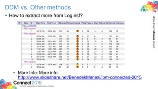 2016ConnectThe Premier Social Business and Digital Experience Conference
MakeEveryMomentCount
DDM vs. Other methods
• How to extract more from Log.nsf?
§ More Info: More info:
http://www.slideshare.net/BenedekMenesi/ibm-connected-2015
 