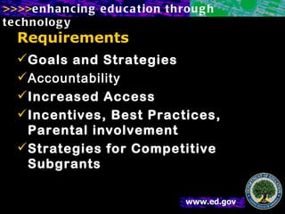 Requirements Goals and Strategies   Accountability Increased Access   Incentives, Best Practices, Parental involvement   Strategies for Competitive Subgrants Increased Access   