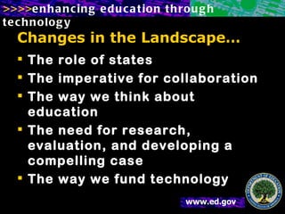 Changes in the Landscape… The role of states The imperative for collaboration The way we think about education The need for research, evaluation, and developing a compelling case The way we fund technology 