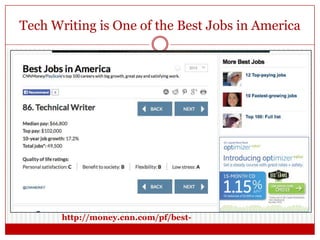 Tech Writing is One of the Best Jobs in America
.
http://money.cnn.com/pf/best-
jobs/2013/snapshots/86.html
 