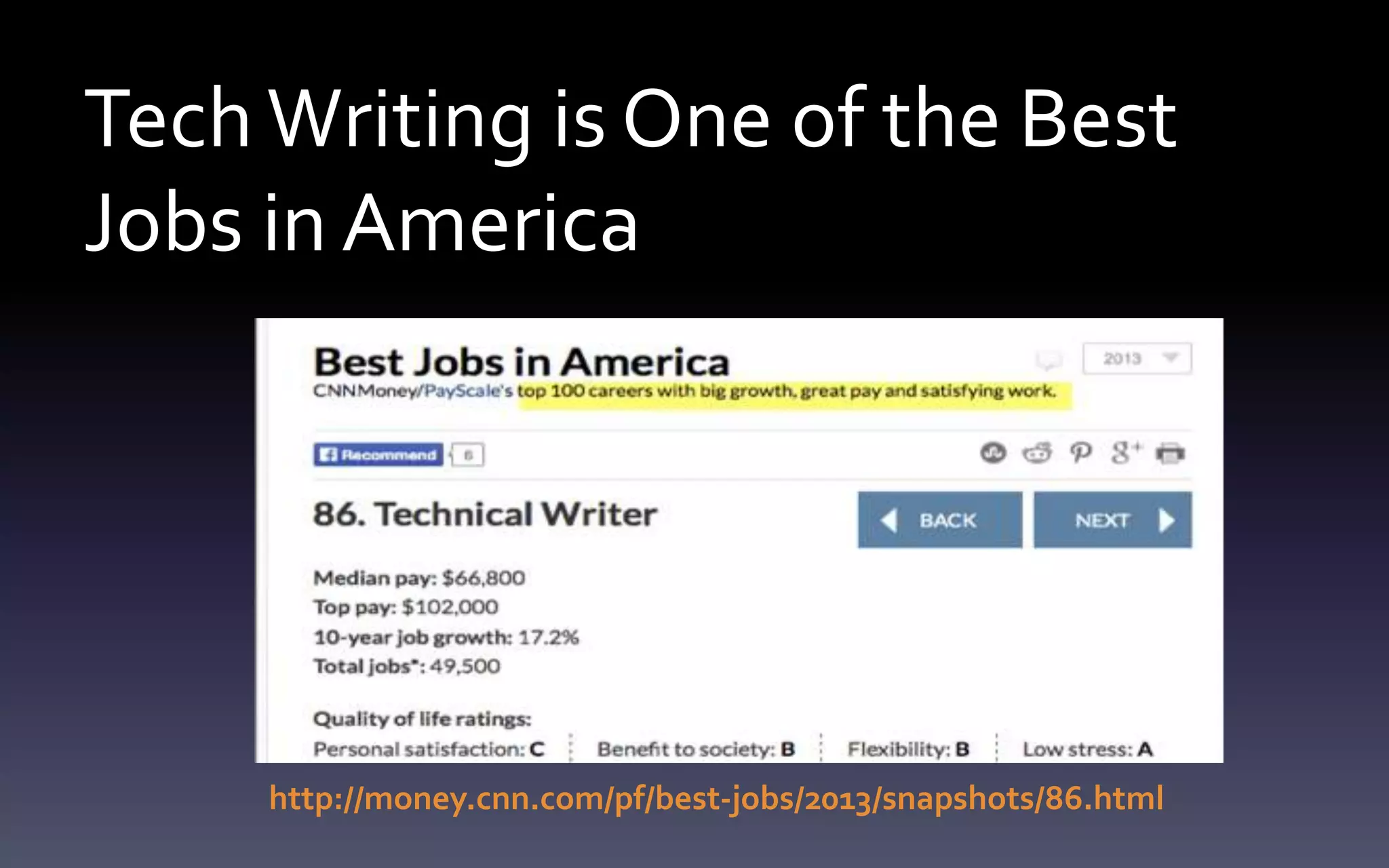 Tech Writing is One of the Best 
Jobs in America 
http://money.cnn.com/pf/best-jobs/2013/snapshots/86.html 
 