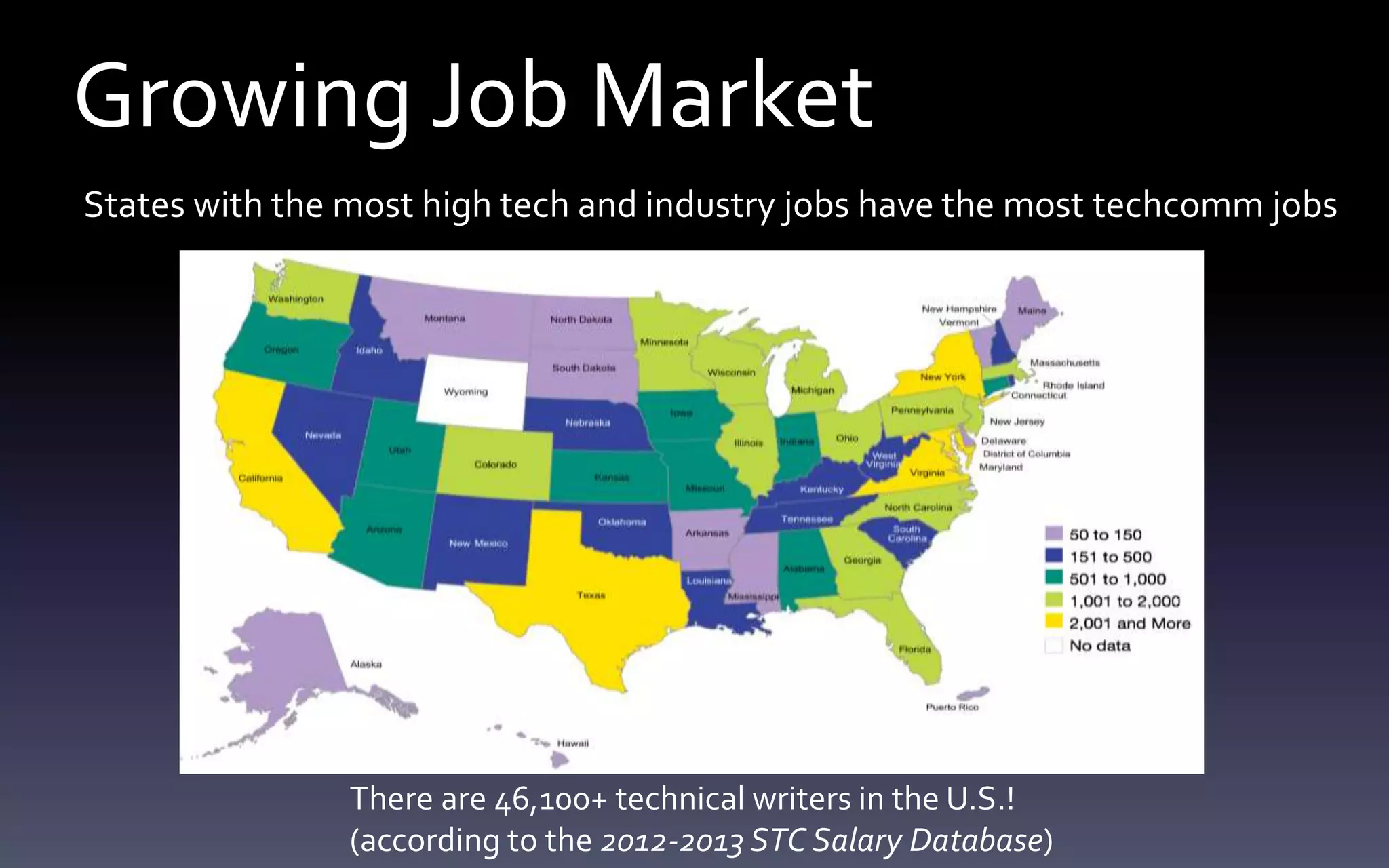 Growing Job Market 
States with the most high tech and industry jobs have the most techcommjobs 
There are 46,100+ technical writers in the U.S.! 
(according to the 2012-2013 STC Salary Database) 
 