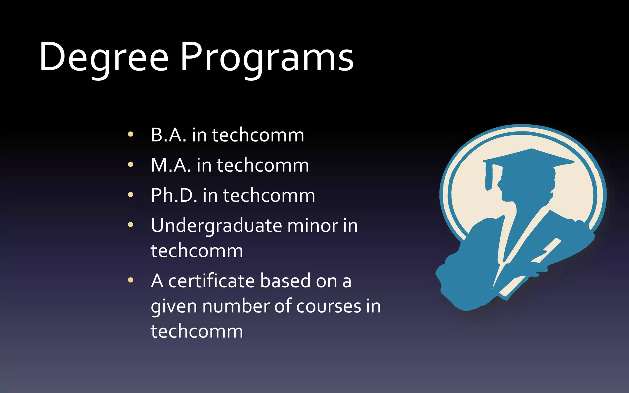Degree Programs 
• B.A. in techcomm 
• M.A. in techcomm 
• Ph.D. in techcomm 
• Undergraduate minor in 
techcomm 
• A certificate based on a 
given number of courses in 
techcomm 
 
