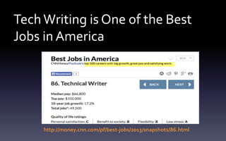TechWriting is One of the Best
Jobs in America
http://money.cnn.com/pf/best-jobs/2013/snapshots/86.html
 
