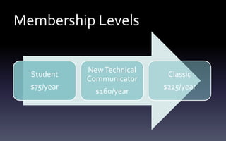 Membership Levels
Student
$75/year
NewTechnical
Communicator
$160/year
Classic
$225/year
 