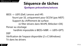 BIOS -> UEFI (Dell, Lenovo and HP)
fourni par 1E, uniquement pour SCCM (pas MDT)
Support du chiffrement de surface
(si filter drivers dans WinPE; Bitlocker=OK)
Penser au stockage
hardlink impossible si BIOS+MBR -> UEFI+GPT)
DEP
Vérification de l’espace disponible (2 x C:Windows)
Tri dans les drivers
Séquence de tâches
Quelques précautions/astuces
N° 15
 
