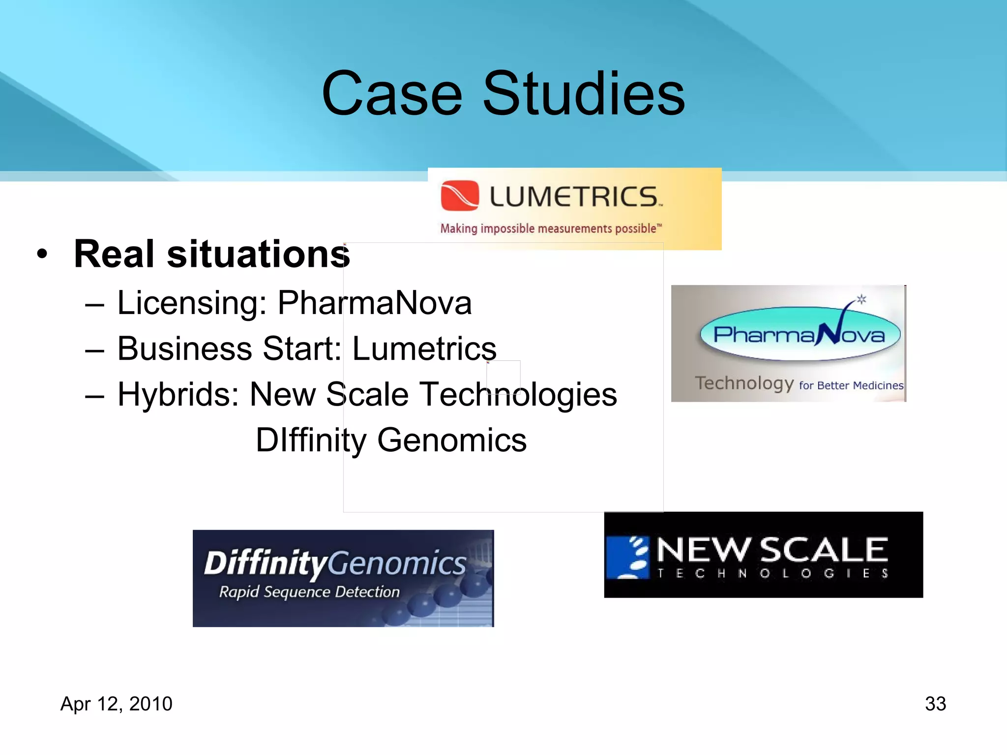 Case Studies Real situations Licensing: PharmaNova Business Start: Lumetrics Hybrids: New Scale Technologies   DIffinity Genomics 