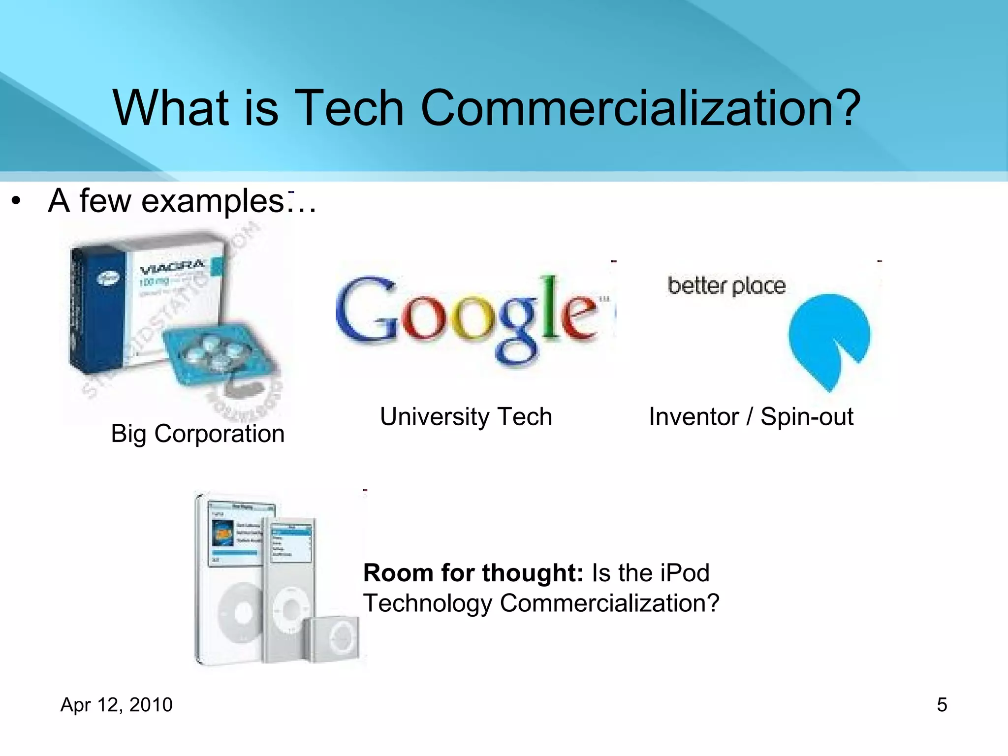 What is Tech Commercialization? A few examples… Big Corporation University Tech Inventor / Spin-out Room for thought:  Is the iPod Technology Commercialization? 