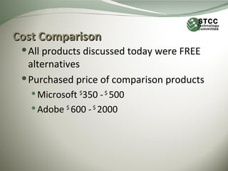 Cost Comparison
  All products discussed today were FREE
   alternatives
  Purchased price of comparison products
    M...