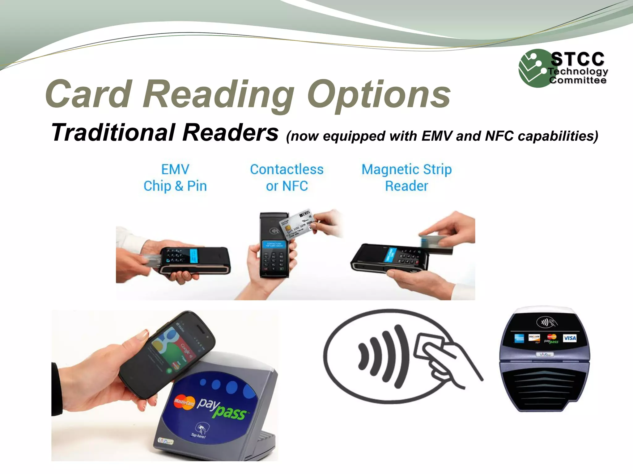 Card Reading Options
Traditional Readers (now equipped with EMV and NFC capabilities)
 