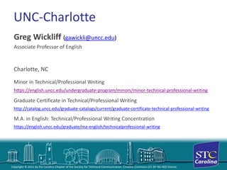 Copyright © 2012 by the Carolina Chapter of the Society for Technical Communication. Creative Commons (CC BY-NC-ND) license. 
UNC-Charlotte 
Greg Wickliff (gawickli@uncc.edu) 
Associate Professor of English 
Charlotte, NC 
Minor in Technical/Professional Writinghttps://english.uncc.edu/undergraduate-program/minors/minor-technical-professional-writing 
Graduate Certificate in Technical/Professional Writinghttp://catalog.uncc.edu/graduate-catalogs/current/graduate-certificate-technical-professional-writing 
M.A. in English: Technical/Professional Writing Concentrationhttps://english.uncc.edu/graduate/ma-english/technicalprofessional-writing  