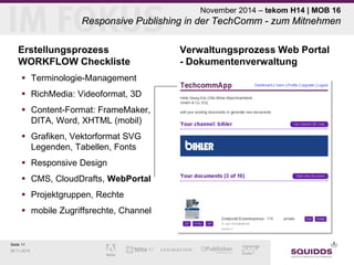 Seite 11 
09.11.2014 
November 2014 – tekom H14 | MOB 16 Responsive Publishing in der TechComm - zum Mitnehmen 
Verwaltungsprozess Web Portal - Dokumentenverwaltung 
Erstellungsprozess WORKFLOW Checkliste 
 
Terminologie-Management 
 
RichMedia: Videoformat, 3D 
 
Content-Format: FrameMaker, DITA, Word, XHTML (mobil) 
 
Grafiken, Vektorformat SVG Legenden, Tabellen, Fonts 
 
Responsive Design 
 
CMS, CloudDrafts, WebPortal 
 
Projektgruppen, Rechte 
 
mobile Zugriffsrechte, Channel  