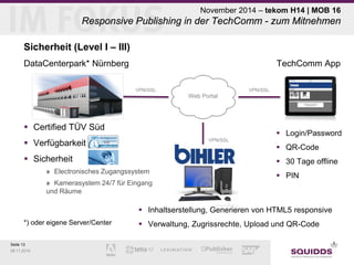 Seite 13 
09.11.2014 
November 2014 – tekom H14 | MOB 16 Responsive Publishing in der TechComm - zum Mitnehmen 
Sicherheit (Level I – III) 
DataCenterpark* Nürnberg TechComm App 
 
Certified TÜV Süd 
 
Verfügbarkeit 
 
Sicherheit 
» 
Electronisches Zugangssystem 
» 
Kamerasystem 24/7 für Eingang und Räume *) oder eigene Server/Center 
VPN/SSL 
VPN/SSL 
 
Login/Password 
 
QR-Code 
 
30 Tage offline 
 
PIN 
 
Inhaltserstellung, Generieren von HTML5 responsive 
 
Verwaltung, Zugrissrechte, Upload und QR-Code 
VPN/SSL 
Web Portal  