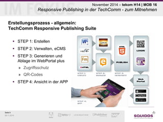 Seite 9 
09.11.2014 
November 2014 – tekom H14 | MOB 16 Responsive Publishing in der TechComm - zum Mitnehmen 
Erstellungsprozess - allgemein: TechComm Responsive Publishing Suite 
 
STEP 1: Erstellen 
 
STEP 2: Verwalten, eCMS 
 
STEP 3: Generieren und Ablage im WebPortal plus 
» 
Zugriffsschutz 
» 
QR-Codes 
 
STEP 4: Ansicht in der APP  