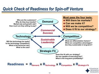 10
Quick Check of Readiness for Spin-off Venture
Demand
Technology Competition
Who are the customers?
Why do they buy (needs)?
Market size and growth rate?
How much are they willing to pay?
Will the technology be ready?
Is the technology competitive?
What is the technical risk?
What is the cost?
What are differentiation factors?
What are competitive advantages?
Are they sustainable in long-term?
Commercial
Success
Readiness = RDemand x RTechnology x RCompetition x RStrategic-Fit
Must pass the four tests:
 Will there be markets?
 Can we make it?
 Will we be competitive?
 Does it fit to our strategy?
Strategic Fit
Sustainable
Leadership
Does this fit with our strategy?
Are we capable of executing this?
What is the long-term profitability?
 