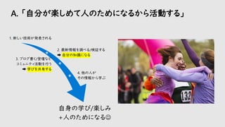 A. 「自分が楽しめて人のためになるから活動する」
1. 新しい技術が発表される
2. 最新情報を調べる/検証する
➡ 自分の知識になる
3. ブログ書く/登壇など
コミュニティ活動を行う
➡ 学びを共有する
4. 他の人が
その情報から学ぶ
自身の学び/楽しみ
+人のためになる☺
 