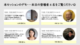本セッションのデモ・・・本日の登壇者 4 名をご覧ください☺
中村 太一さん
中村 亮太さん
山田 晃央さん
平野 愛さん
10:00 - 10:50: MVP セッション 1
----------------------
「まだ定型メールの処理、手動でし
てるの? Power Platform で
自動化してハッピーになろう!​」
13:00 -13:50​: MVP セッション 3
----------------------
「Microsoft 365 を使い、よりよい
業務環境の在り方と仕事への
向き合い方を考えよう」
11:00 -11:50: MVP セッション 2
----------------------
「【ハイブリッド ワークプレイス時代
に向けて】 チーム内の朝の
挨拶システムを作ってみた！」
14:00 -14:50​: MVP セッション 4
----------------------
「Power Platform と
Microsoft 365で始める、初めての
デジタルトランスフォーメーション」
 
