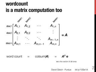 wordcount "
is a matrix computation too

    2                                      3
doc1
   A1,1   A1,2    ···         A1,n
    6                               . 7
                                    . 7
    6
doc2
 A2,1     A2,2    ···          . 7
A=6 .
    6                                    7 = A
    4 .        ..      ..
       .          .       .       Am 1,n 5
docm
 Am,1     ···    Am,n    1    Am,n


word count       =
   colsum(A)
       =        AT e
                                         e is the vector of all ones




                                                                                    24
                                    David Gleich · Purdue
        bit.ly/10SIe1A
 