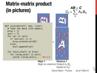 Matrix-matrix product 
                                                           AB = C
(in pictures)
                                         Cij =
                                                             X
                                                               Aik Bkj




                          B
                                             B
                                                                  k



def joinred(self, key, line):!



               B
  # load the data into memory        !
  brow = []!
  acol = []!
  for val in vals:!



   A
    if len(val) == 1:!


                            A
 A
      brow.extend(val[0])!
    else:!
      acol.append(val)!
        !
  for (bcol,bval) in brow:!
    for (arow,aval) in acol:!
      yield ((arow,bcol),aval*bval)!
                          Map 1!            Reduce 1!
                          Align on columns Output Aik Bkj
                          
                 keyed on (i,j)




                                                                                        47
                                         David Gleich · Purdue
       bit.ly/10SIe1A
 