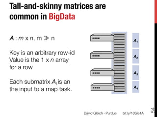 Tall-and-skinny matrices are
common in BigData

A : m x n, m ≫ n
                                             A1

Key is an arbitrary row-id
                                                              A2
Value is the 1 x n array 
for a row
                                                              A3

Each submatrix Ai is an 
                                                              A4 
the input to a map task.




                                                                         54
                              David Gleich · Purdue
   bit.ly/10SIe1A
 
