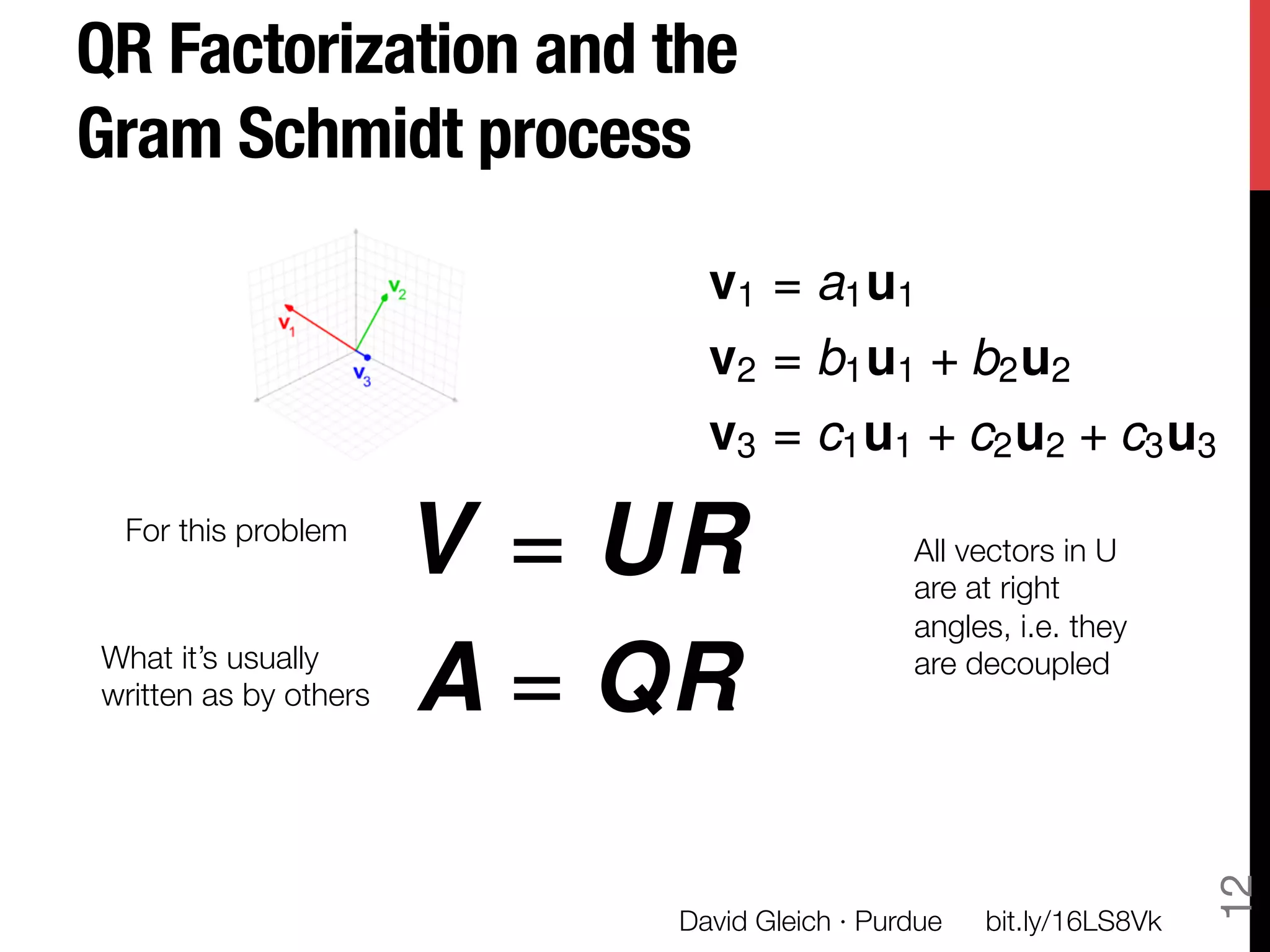 QR Factorization and the
Gram Schmidt process

                              v1 = a1 u1
                              v2 = b1 u1 + b2 u2
                              v3 = c1 u1 + c2 u2 + c3 u3
 For this problem
                        V = UR                 All vectors in U
                                               are at right
                                               angles, i.e. they
What it’s usually"
written as by others
   A = QR                 are decoupled




                                                                       12
                            David Gleich · Purdue
   bit.ly/16LS8Vk
 