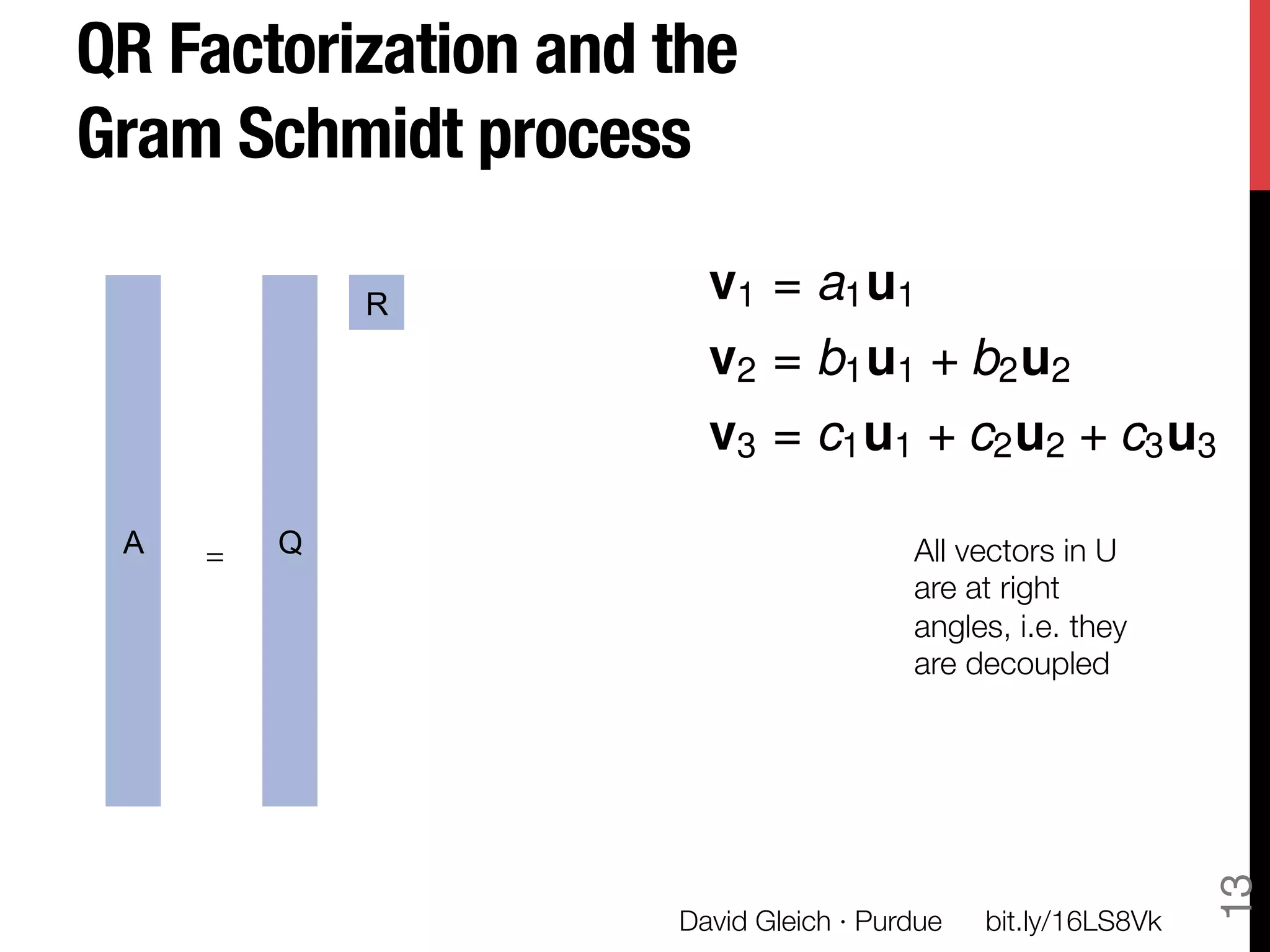 QR Factorization and the
Gram Schmidt process

              R
                       v1 = a1 u1
                       v2 = b1 u1 + b2 u2
                       v3 = c1 u1 + c2 u2 + c3 u3

 A   =
   Q                             All vectors in U
                                        are at right
                                        angles, i.e. they
                                        are decoupled




                                                                13
                     David Gleich · Purdue
   bit.ly/16LS8Vk
 