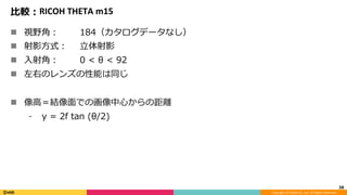Copyright	(C)	DeNA	Co.,Ltd.	All	Rights	Reserved.	
⽐較：RICOH	THETA	m15
n  視野⾓： 184（カタログデータなし）
n  射影⽅式： ⽴体射影
n  ⼊射⾓： 0 < θ < 92
n  左右のレンズの性能は同じ
n  像⾼＝結像⾯での画像中⼼からの距離
⁃  y = 2f tan (θ/2)
38	
 