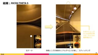 Copyright	(C)	DeNA	Co.,Ltd.	All	Rights	Reserved.	
結果：RICOH	THETA	S
41	
⽣データ ⿂眼レンズの射影をリアルタイムで計算し、スティッチング
わずかにレンズ
のつなぎ⽬が⾒
える（カメラの
個体差あり）	
 