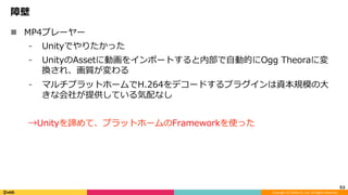 Copyright	(C)	DeNA	Co.,Ltd.	All	Rights	Reserved.	
障壁
n  MP4プレーヤー
⁃  Unityでやりたかった
⁃  UnityのAssetに動画をインポートすると内部で⾃動的にOgg Theoraに変
換され、画質が変わる
⁃  マルチプラットホームでH.264をデコードするプラグインは資本規模の⼤
きな会社が提供している気配なし
→Unityを諦めて、プラットホームのFrameworkを使った
53	
 