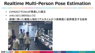Realtime Multi-Person Pose Estimation
23
• CVPR2017でCMUが発表した論文
• arXiv:1611.08050[cs.CV]
• 画像に映った複数人物をリアルタイムかつ高精度に姿勢推定する技術
 