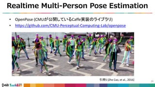 Realtime Multi-Person Pose Estimation
24
• OpenPose (CMUが公開しているCaffe実装のライブラリ)
• https://github.com/CMU-Perceptual-Computing-Lab/openpose
引用5 [Zhe Cao, et al., 2016]
 