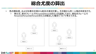 総合尤度の算出
45
• 色の類似度、および位置の尤度から総合尤度を計算し、その値から同一人物の判定を行う。
• 例えば、前のフレームでPersonAとPersonBの２人を追跡しており、現在のフレームで
PersonCとPersonDとPersonEの３人を検出した場合について考えてみる。
尤度イメージ図
 