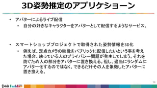 3D姿勢推定のアプリケショーン
58
• アバターによるライブ配信
• 自分の好きなキャラクターをアバターとして配信するようなサービス。
• スマートショッププロジェクトで取得された姿勢情報を3D化
• 例えば、定点カメラの映像をパブリックに配信したいという事を考え
た場合、映っている人のプライバシー問題が発生してしまう。それを
防ぐため人の部分をアバターに置き換える。但し、適当にランダムに
アバター化するのではなく、できるだけその人を象徴したアバターに
置き換える。
 