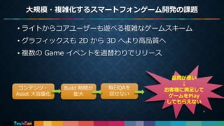 大規模・複雑化するスマートフォンゲーム開発の課題
• ライトからコアユーザーも遊べる複雑なゲームスキーム
• グラフィックスも 2D から 3D へより高品質へ
• 複数の Game イベントを週替わりでリリース
4
コンテンツ・
Asset 大容量化
Build 時間が
膨大
毎日QAを
回せない
品質が悪い
↓
お客様に満足して
ゲームをPlay
してもらえない
 