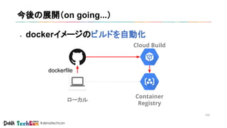#denatechcon
今後の展開（on going...）
- dockerイメージのビルドを自動化
102
Container
Registry
ローカル
Cloud Build
dockerfile
 