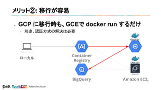 #denatechcon
メリット②: 移行が容易
- GCP に移行時も、GCEで docker run するだけ
- 別途、認証方式の解決は必要
Container
Registry
ローカル
Amazon EC2BigQuery 99
 