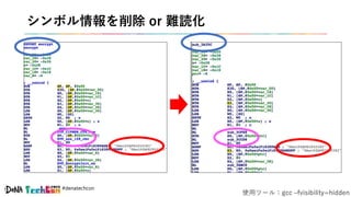 #denatechcon
シンボル情報を削除 or 難読化
使用ツール：gcc –fvisibility=hidden
 