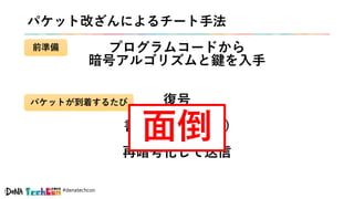 #denatechcon
パケットが到着するたび
パケット改ざんによるチート手法
プログラムコードから
暗号アルゴリズムと鍵を入手
復号
↓
書き換え(チート)
↓
再暗号化して送信
前準備
面倒
 
