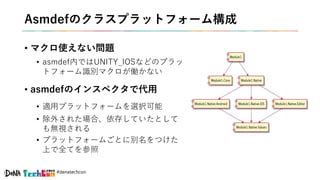 #denatechcon
Asmdefのクラスプラットフォーム構成
• マクロ使えない問題
• asmdef内ではUNITY_IOSなどのプラッ
トフォーム識別マクロが働かない
• asmdefのインスペクタで代用
• 適用プラットフォームを選択可能
• 除外された場合、依存していたとして
も無視される
• プラットフォームごとに別名をつけた
上で全てを参照
 