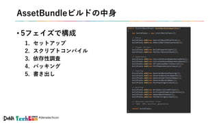 #denatechcon
AssetBundleビルドの中身
• 5フェイズで構成
1. セットアップ
2. スクリプトコンパイル
3. 依存性調査
4. パッキング
5. 書き出し
 