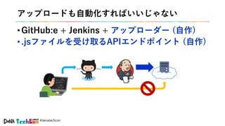 #denatechcon
アップロードも自動化すればいいじゃない
• GitHub:e + Jenkins + アップローダー (自作)
• .jsファイルを受け取るAPIエンドポイント (自作)
 