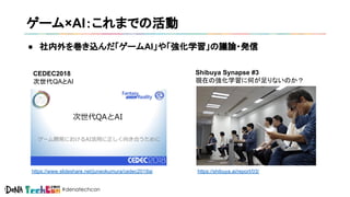 ゲーム×AI：これま 活動
https://shibuya.ai/report/03/https://www.slideshare.net/juneokumura/cedec2018ai
● 社内外を巻き込んだ「ゲームAI」や「強化学習」 議論...
