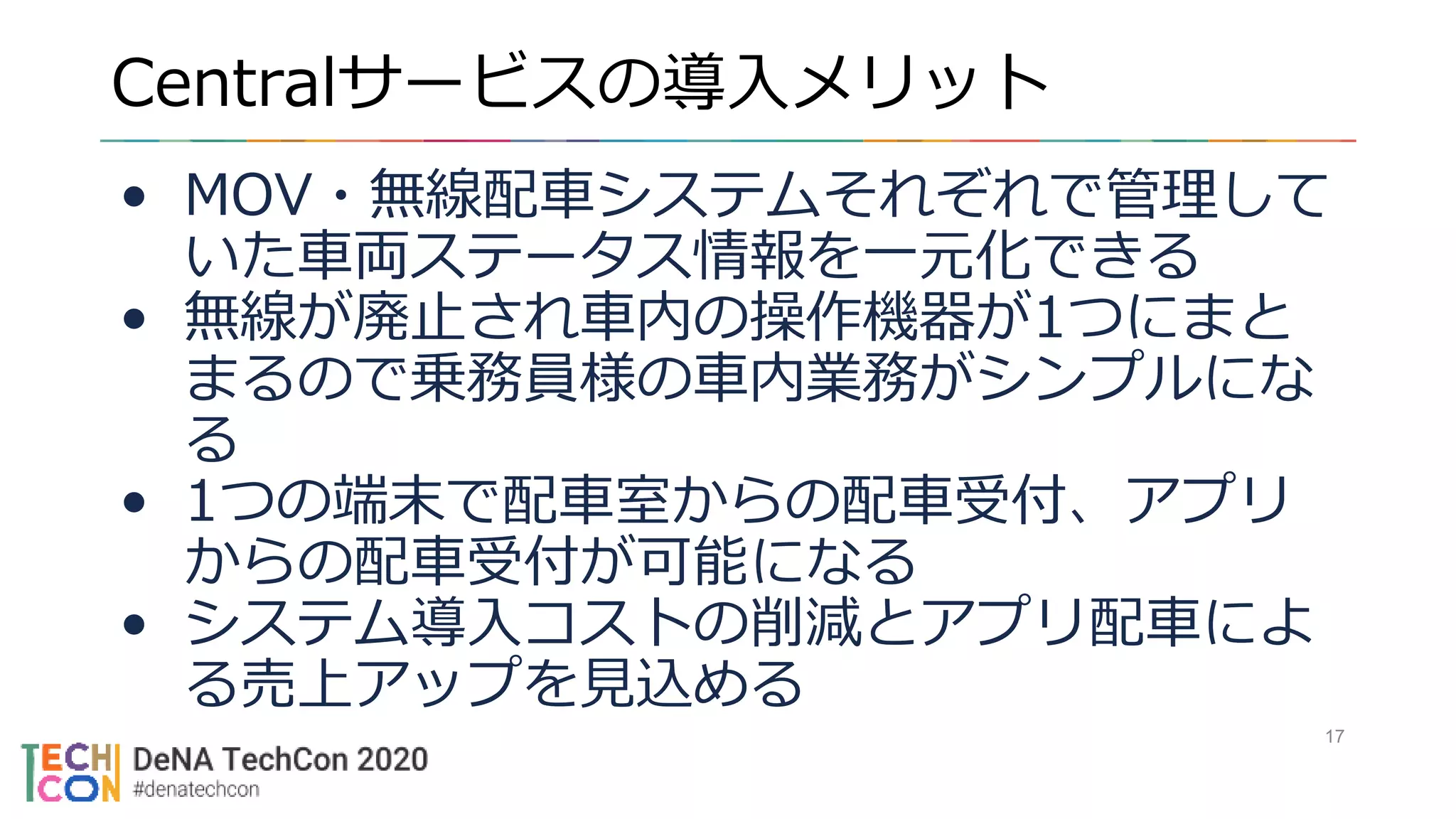Centralサービスの導入メリット
17
• MOV・無線配車システムそれぞれで管理して
いた車両ステータス情報を一元化できる
• 無線が廃止され車内の操作機器が1つにまと
まるので乗務員様の車内業務がシンプルにな
る
• 1つの端末で配車室からの配車受付、アプリ
からの配車受付が可能になる
• システム導入コストの削減とアプリ配車によ
る売上アップを見込める
 