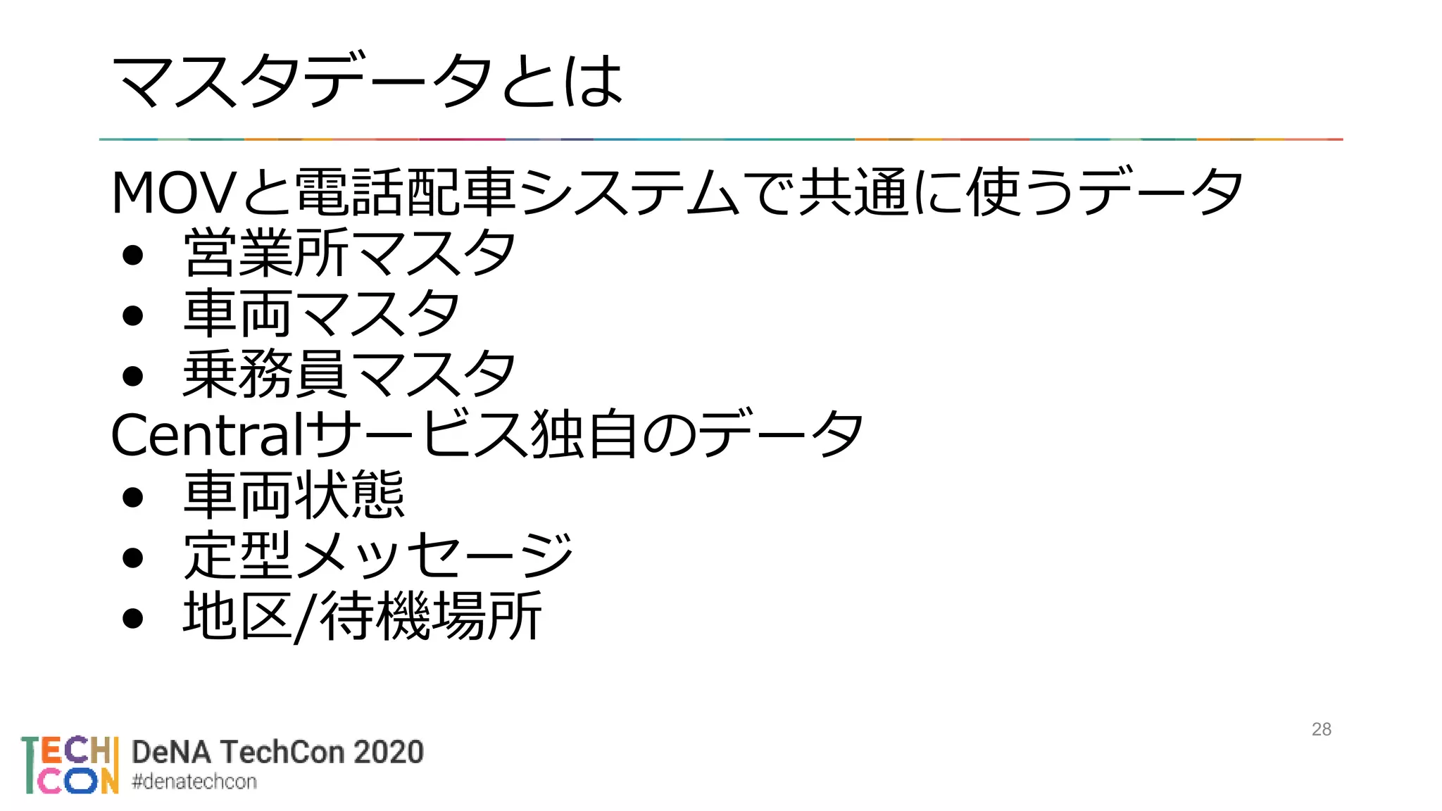 マスタデータとは
MOVと電話配車システムで共通に使うデータ
• 営業所マスタ
• 車両マスタ
• 乗務員マスタ
Centralサービス独自のデータ
• 車両状態
• 定型メッセージ
• 地区/待機場所
28
 
