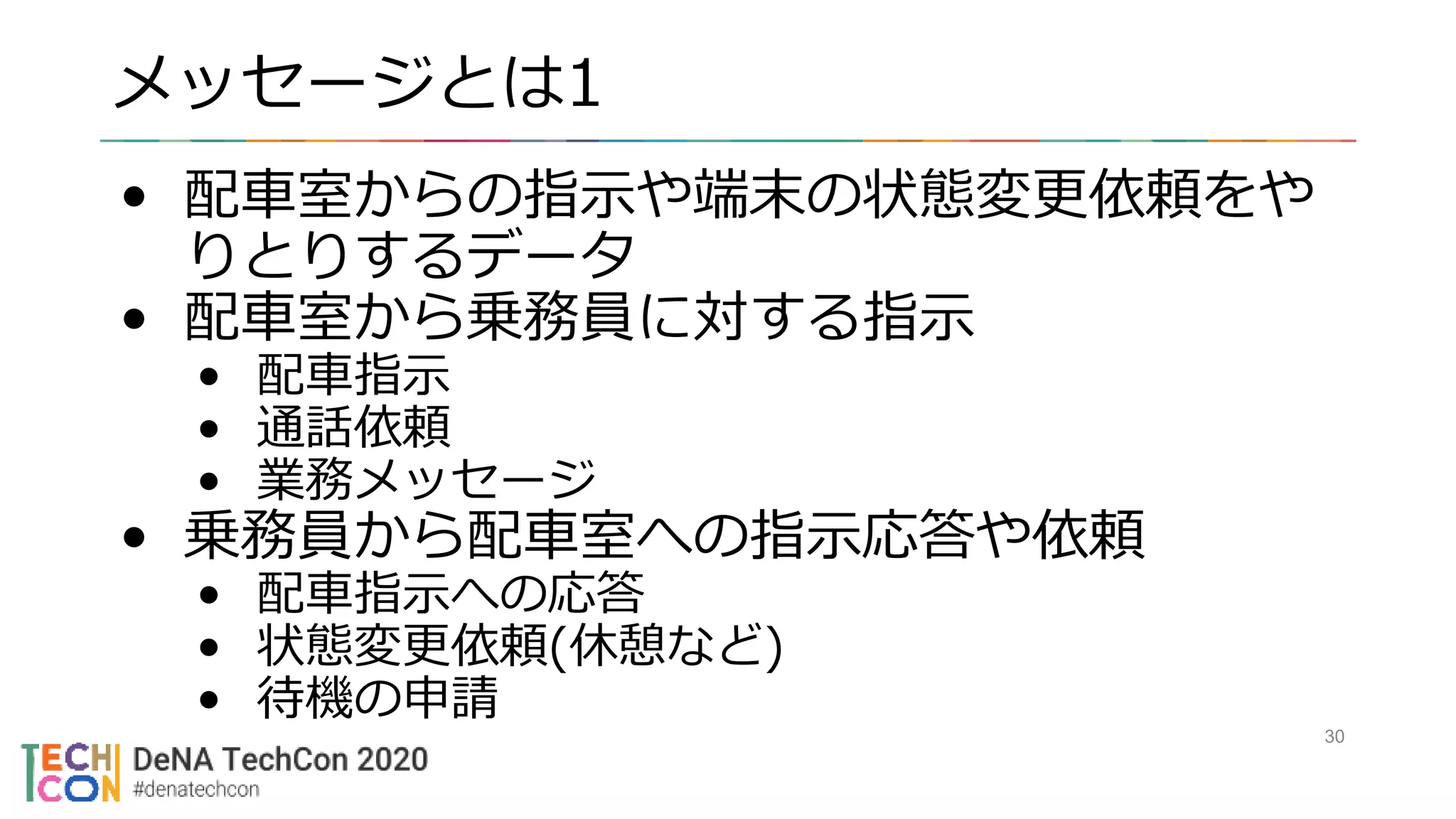 メッセージとは1
• 配車室からの指示や端末の状態変更依頼をや
りとりするデータ
• 配車室から乗務員に対する指示
• 配車指示
• 通話依頼
• 業務メッセージ
• 乗務員から配車室への指示応答や依頼
• 配車指示への応答
• 状態変更依頼(休憩など)
• 待機の申請
30
 