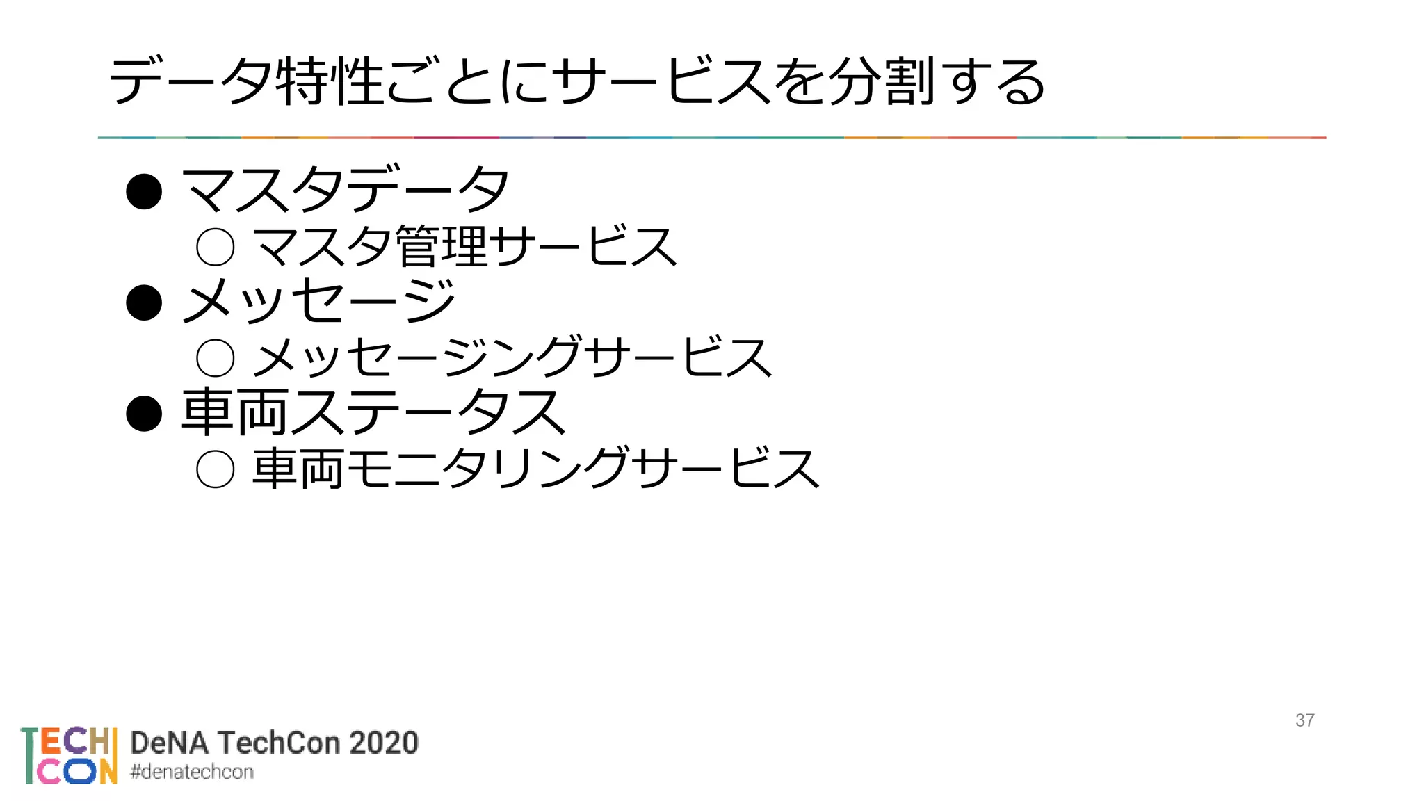 データ特性ごとにサービスを分割する
37
●マスタデータ
○ マスタ管理サービス
●メッセージ
○ メッセージングサービス
●車両ステータス
○ 車両モニタリングサービス
 