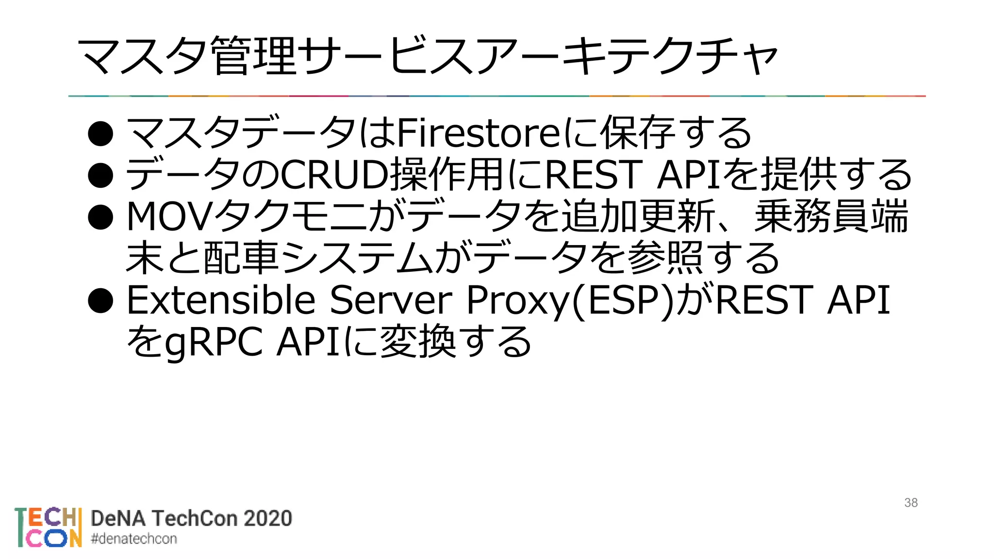 マスタ管理サービスアーキテクチャ
38
●マスタデータはFirestoreに保存する
●データのCRUD操作用にREST APIを提供する
●MOVタクモニがデータを追加更新、乗務員端
末と配車システムがデータを参照する
●Extensible Server Proxy(ESP)がREST API
をgRPC APIに変換する
 