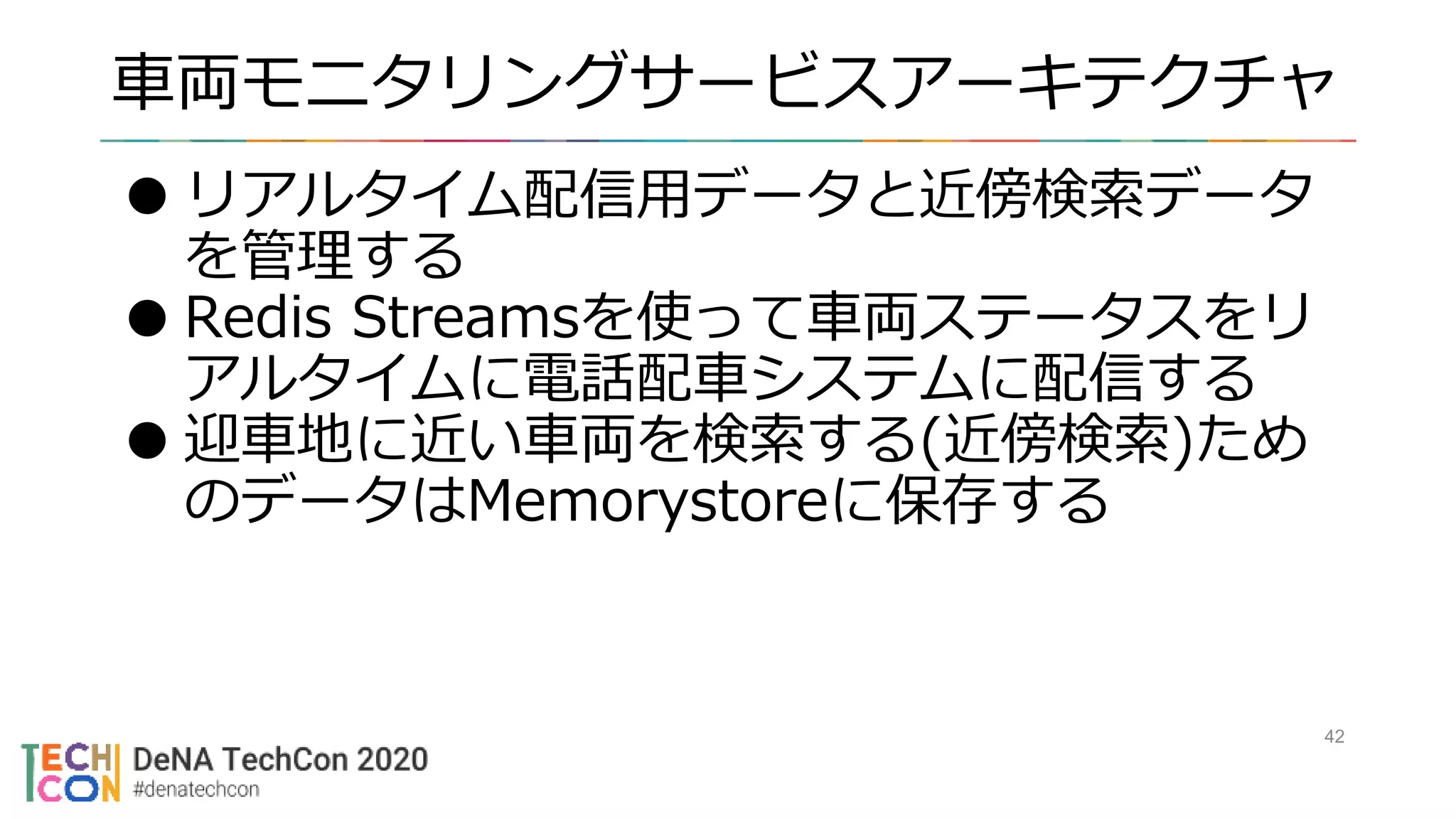 車両モニタリングサービスアーキテクチャ
42
●リアルタイム配信用データと近傍検索データ
を管理する
●Redis Streamsを使って車両ステータスをリ
アルタイムに電話配車システムに配信する
●迎車地に近い車両を検索する(近傍検索)ため
のデータはMemorystoreに保存する
 